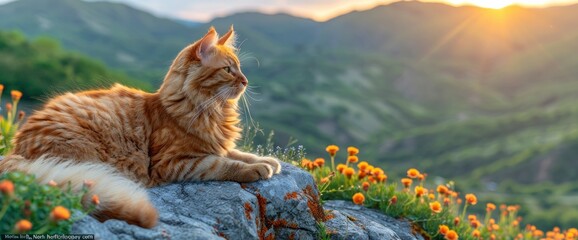 A regal Norwegian Forest cat perched on a sun-warmed rock ledge, with panoramic views of a lush green valley below, Wallpaper Pictures, Background Hd - obrazy, fototapety, plakaty