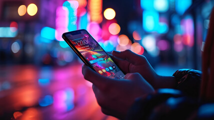 A person's hands holding a smartphone with a colorful illuminated screen against a backdrop of a lively city nightlife.
 - obrazy, fototapety, plakaty
