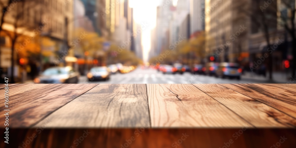 Aufkleber the empty wooden table top with blur background of nyc street. exuberant image. generative ai
