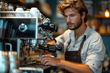 Man fixing coffee machine at restaurant, engineering job