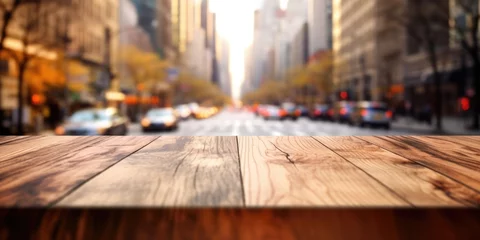 Photo sur Aluminium brossé TAXI de new york The empty wooden table top with blur background of NYC street. Exuberant image. generative AI