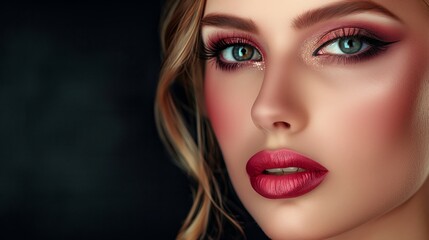 Beautiful woman's face, model appearance, professional makeup, advertising of decorative cosmetics, including lipstick, powder, eye shadow. Place for text. Advertising banner. Generated by artificial 