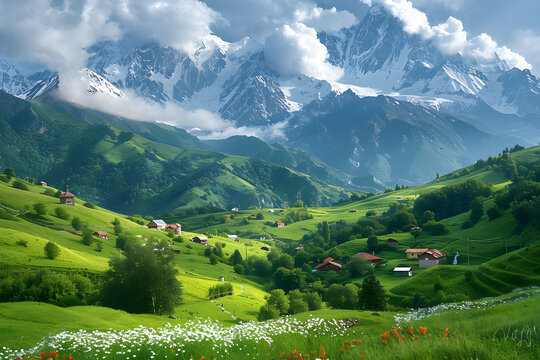Fantastic Georgia mountain scenery on a warm summer day, depicting an alpine green meadow in a beautiful Svaneti mountain valley.