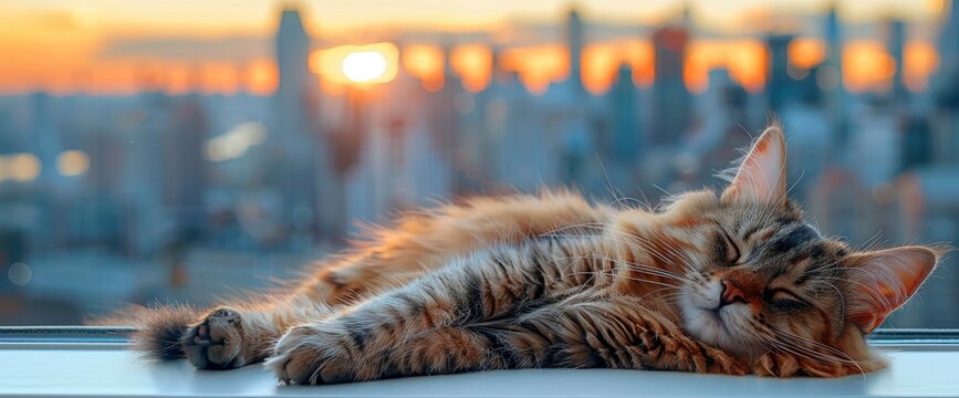 A regal Persian cat lounging on a sun-warmed windowsill, with a view of a bustling cityscape outside, Wallpaper Pictures, Background Hd