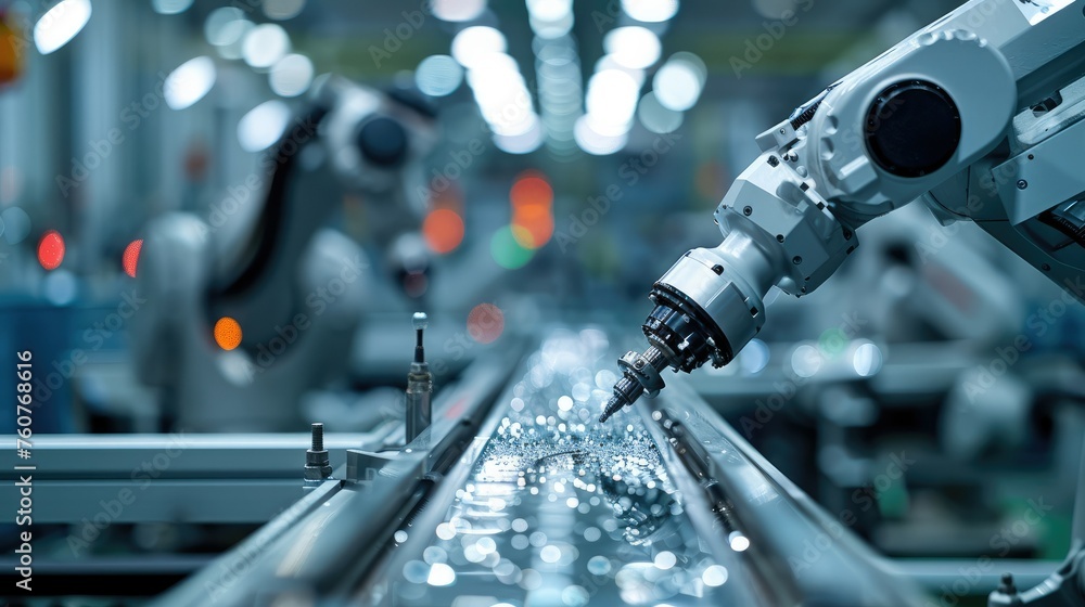 Poster Assembly and movement of small shiny objects using robotic arms in aerospace manufacturing. Generative AI.