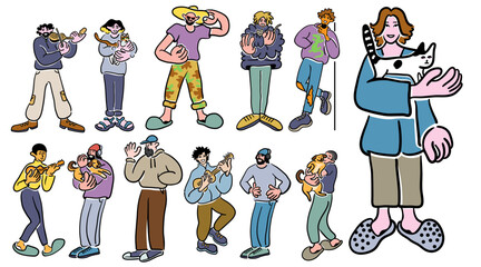 color cartoon people doodle style. set of men and women in different poses.print advertising poster template. pets lovers - obrazy, fototapety, plakaty