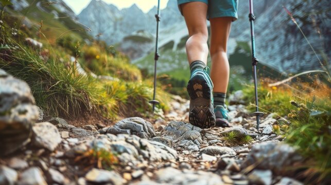 Hiker walking on a mountain trail with hiking poles. Outdoor adventure and trekking concept.