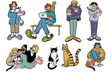 color cartoon people doodle style. set of men and women in different poses.print advertising poster template. pets lovers