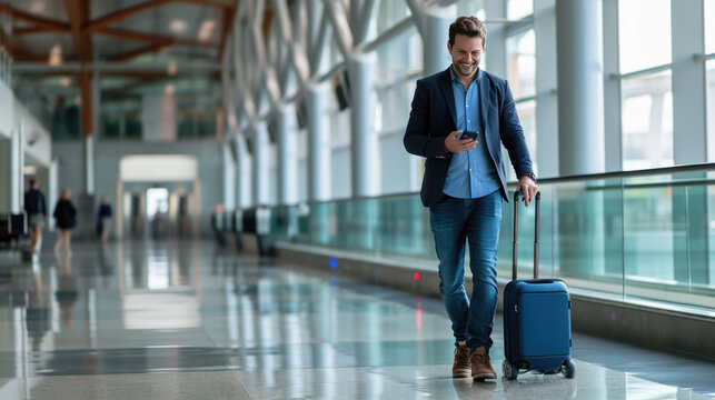 Man is walking through an airport terminal with a blue suitcase, looking at his phone.