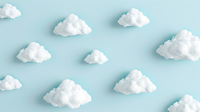 white fluffy clouds evenly distributed on pastel colored light blue background