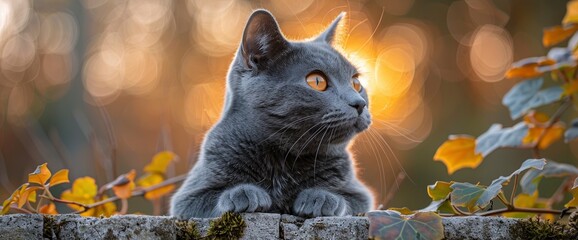 A regal Russian Blue cat perched on a sun-warmed stone wall, with ivy creeping up the sides , Wallpaper Pictures, Background Hd - obrazy, fototapety, plakaty