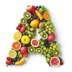 Vibrant Assortment of Fruits Arranged in Alphabet Letter A on Pristine Background