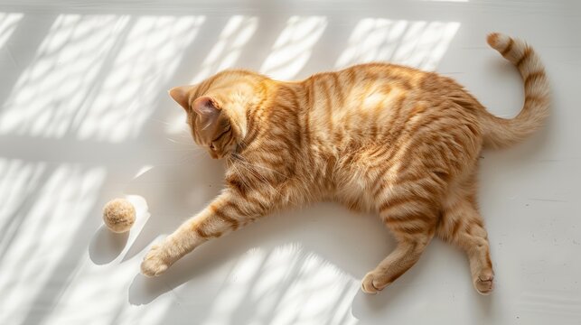 Orange tabby cat playing with ball on white background. Playful pet concept with shadow play.