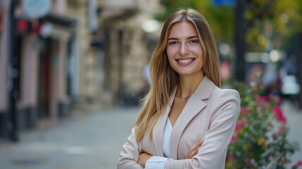 Fototapeta premium Young, happy, pretty, smiling professional businesswoman, confident female entrepreneur standing outdoors on street with arms crossed, looking at camera