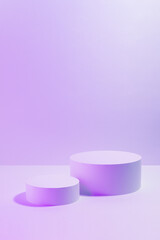 Set of two round podiums for cosmetic products mockup in pink violet vr neon light. Stage for presentation skin care products, gifts, goods, advertising, design, sale, showing, display in disco style.