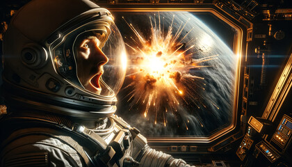 Astronaut in profile looking out a space station window on dramatic scene nuclear explosion. - obrazy, fototapety, plakaty