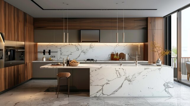 Modern kitchen interior with marble countertops and wooden cabinets. High-end appliances and spacious kitchen island