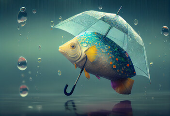 Fish with an umbrella, funny absurd illustration. AI generated. - obrazy, fototapety, plakaty