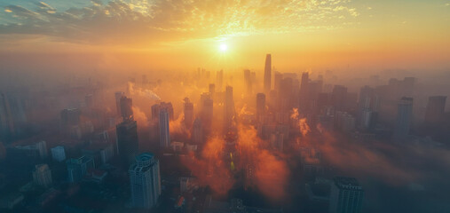 Hazy sunrise over the urban skyline - obrazy, fototapety, plakaty