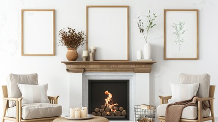 Cozy living room interior with empty picture frames on the wall above a fireplace, armchairs, and home decor