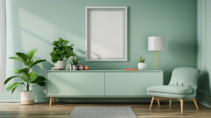 Frame mockup. Light green drawer, modern mint color living room interior