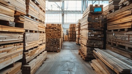 Piles of fresh white oak planks stacked in the warehouse. Generative AI.