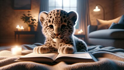 Cute Baby Leopard Reading Book. Cartoon Feline Animal Sitting on the Floor in Bedroom. Cozy Evening...