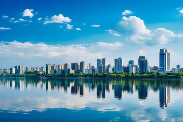 Enchanting Twilight Panorama of Dnipro City showcasing the Dnipro River, Greenery, and Skyline