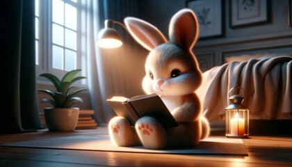 Cute Baby Rabbit Reading Book. Cartoon Bunny Sitting on the Floor in Bedroom. Cozy Evening Room...