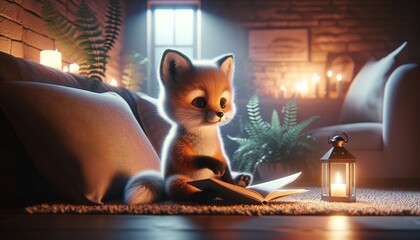 Cute Baby Fox Reading Book. Cartoon Foxy Sitting on the Floor in Bedroom. Cozy Evening Room Interior Design. Soft Lighting. Adorable Character Illustration. Sweet Dreams Sand Good Night.