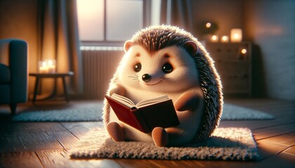 Cute Baby Hedgehog Reading Book. Cartoon Hedgehog Sitting on the Floor in Bedroom. Cozy Evening...