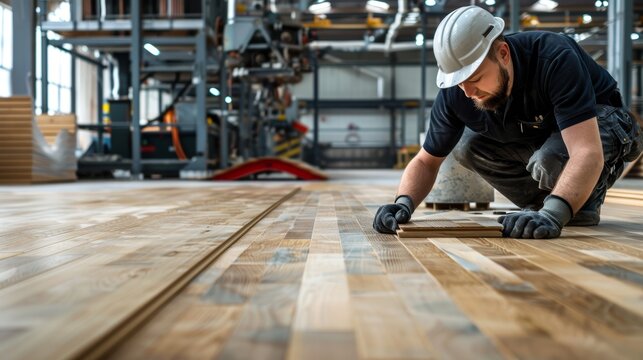 Professional worker with a hard hat carefully aligning wooden planks on the floor