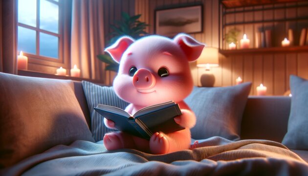 Cute Baby Pig Reading Book. Cartoon Piggy Sitting on the Floor in Bedroom. Cozy Evening Room Interior Design. Soft Lighting. Realistic Adorable Character Illustration. Sweet Dreams Sand Good Night.