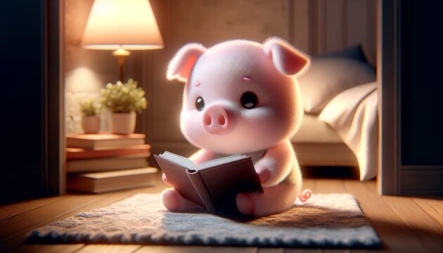 Cute Baby Pig Reading Book. Cartoon Piggy Sitting on the Floor in Bedroom. Cozy Evening Room Interior Design. Soft Lighting. Realistic Adorable Character Illustration. Sweet Dreams Sand Good Night.