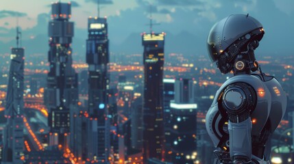 Fototapeta na wymiar Robot looking over a futuristic cityscape at dusk. Conceptual digital art for technology, future cities, and artificial intelligence