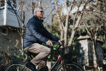 Active elderly male cyclist outdoors caught in a tranquil moment, riding his bike among trees with a serene expression.