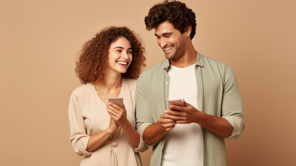 Young man and woman are happily engaging with their smartphones against beige background
