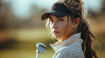 Professional female golfer holding golf club on field and looking away. Young woman standing on golf course on a sunny day. - Powered by Adobe