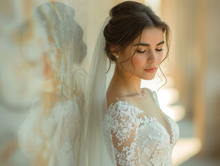 Naklejka premium Fashion portrait of a beautiful bride, standing agent big glass wall.