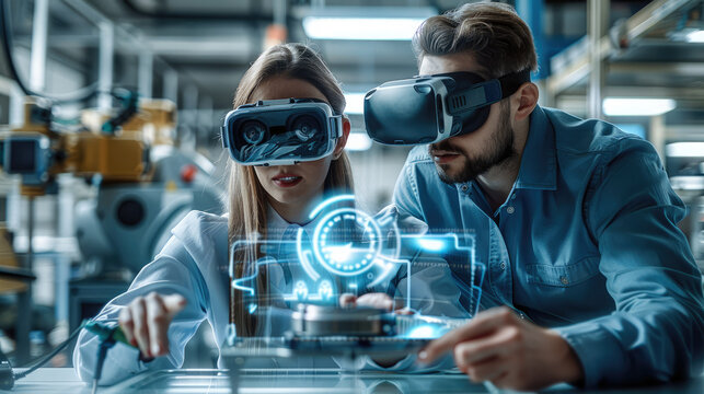 In a modern research lab, man and woman engineer work on a transparent digital tablet wearing virtual reality goggles. analyzing a 3D holographic projection of a complex machine part. Generative AI.