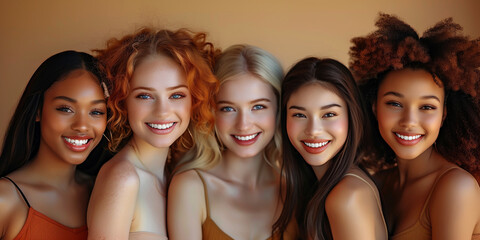 Obraz premium Portrait of happy diverse multi ethnic young women on beige background.