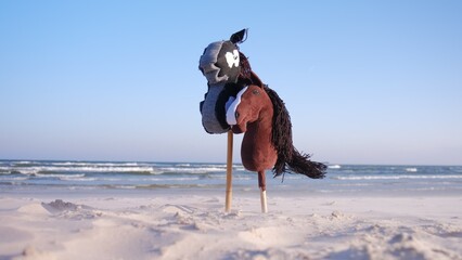 Funny Hobby Horse Kids Toy Standing in Seashore Beach Sand on Windy Day