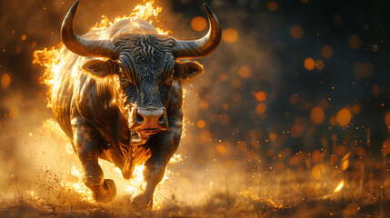 Metal Bull running on fire. Business bull market concept