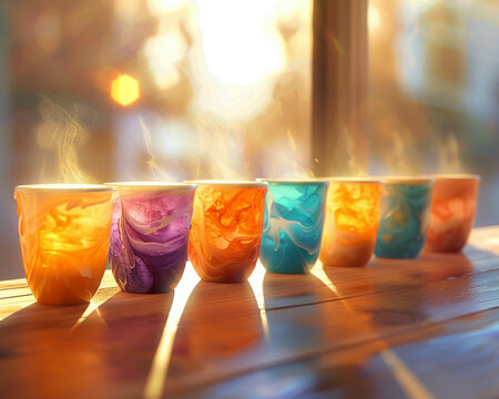 Glowing cups, hand-painted, promoting sharing stories together, creating magical connections in a cozy cafe