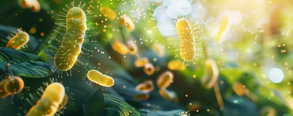 Fotobehang Microbiome, Gut-Health, On a Leaf, amidst vibrant microorganisms, spring day © Pornarun