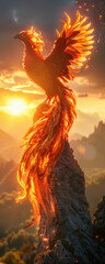 Phoenix, fiery wings, reborn from ashes, standing tall atop a mountain peak, gazing at the horizon with renewed purpose - obrazy, fototapety, plakaty