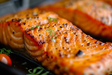 Succulent Grilled salmon food. Table meat. Generate Ai