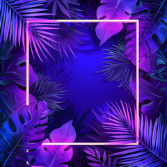 Neon Tropical Leaves Layout, Fluorescent Purple Frame, Background with palm trees, purple background