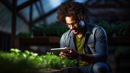 Obraz premium Male farmer stands and holds tablet in her hands in greenhouse