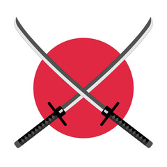 Japanese crossed katana swords on a red circle background.